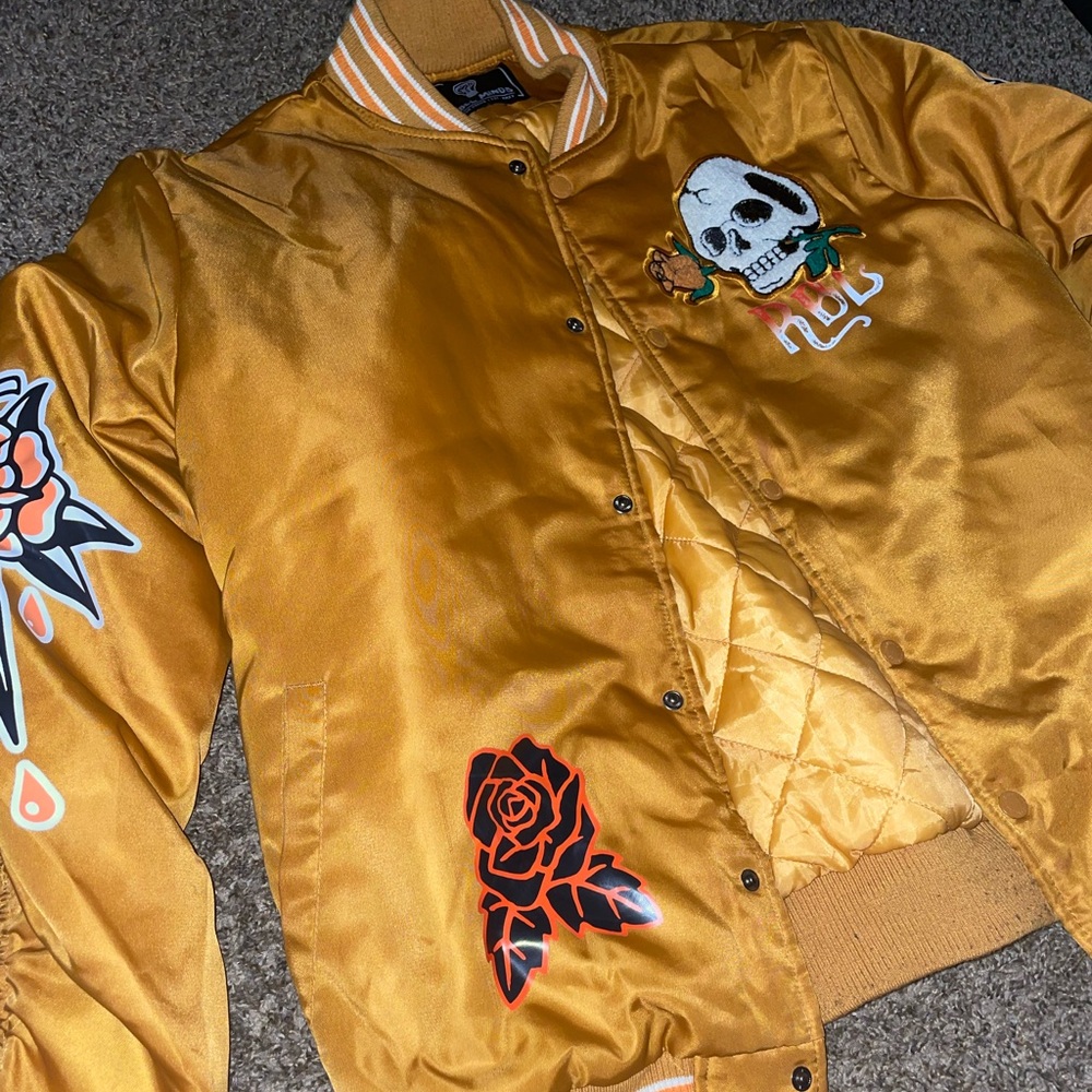 Gold Bomber Jacket with Skull and Rose Design
